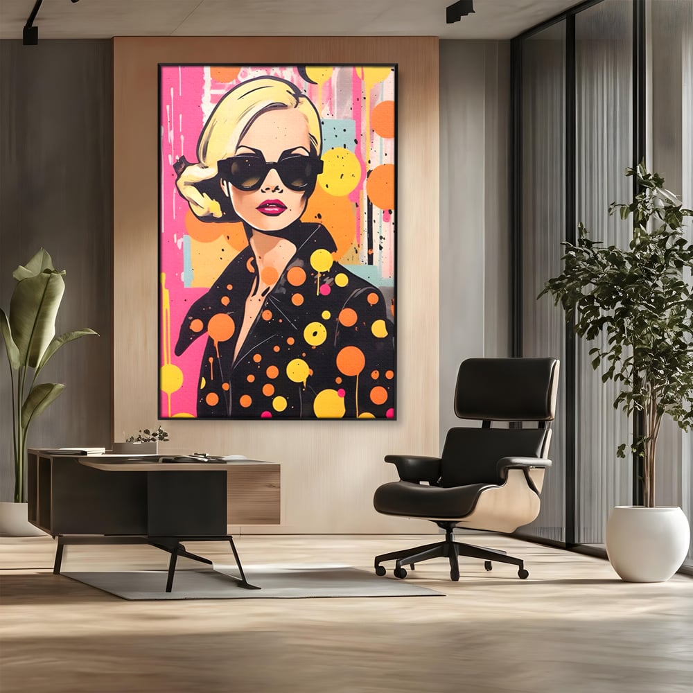 Tablou canvas cu tablou canvas portret femeie ochelari, in rama de aluminiu negru, pe perete intr-un birou